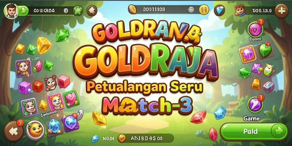 Tampilan gameplay GOLDRAJA dengan kombinasi permata yang berwarna-warni.