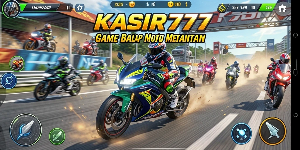 Screenshot gameplay KASIR777 menampilkan aksi balapan motor yang intens.