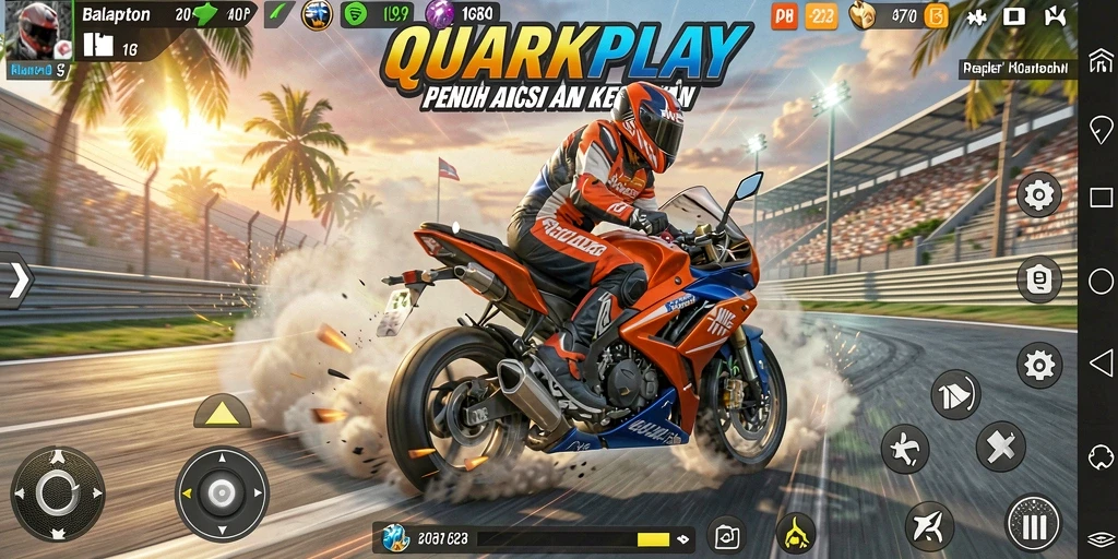 Tampilan gameplay QUARKPLAY yang menggembirakan dalam balapan motor.