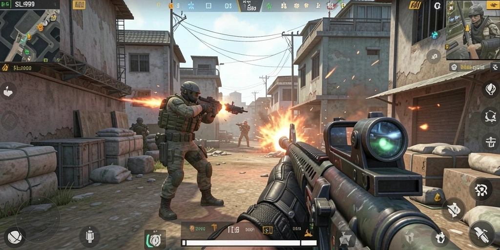 Screenshot gameplay SL999 yang menunjukkan pertempuran intens di arena FPS.