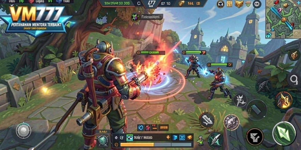 Tampilan gameplay VM777 yang menegangkan saat mempertahankan menara.